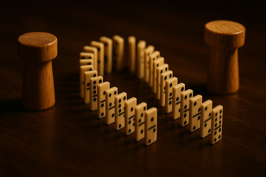 Domino tiles arranged in a curve between two wooden pawn figures
