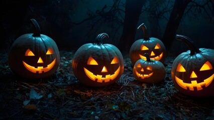 Glowing Halloween pumpkins with neon polka dots, dark misty background, eerie lighting, spooky vibe
