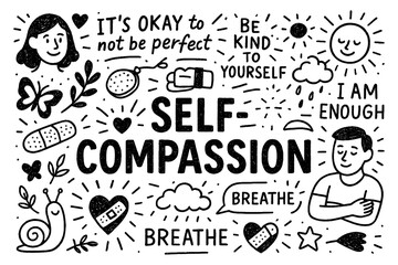 Self-compassion concept with kindness, acceptance, and self-love symbols in black and white doodle style, Transparent Background