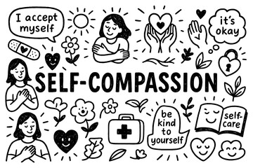 Self-compassion concept with kindness, acceptance, and self-love symbols in black and white doodle style, Transparent Background