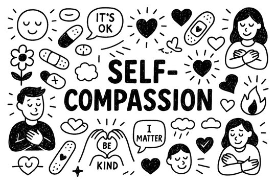 Self-compassion concept with kindness, acceptance, and self-love symbols in black and white doodle style, Transparent Background - Powered by Adobe