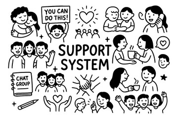 Support system concept with empathy, connection, and mental health symbols in black and white doodle style, Transparent Background