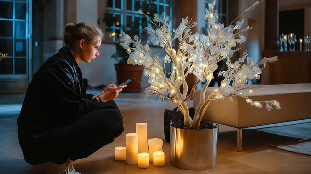 Faceless event coordinator checking the seating chart beside a glowing tree and soft candlelight, with copy space.