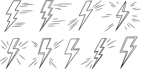 Set of hand-drawn vector outline lightning bolt icons with dynamic energy lines, symbolizing speed, power, electricity, and warning