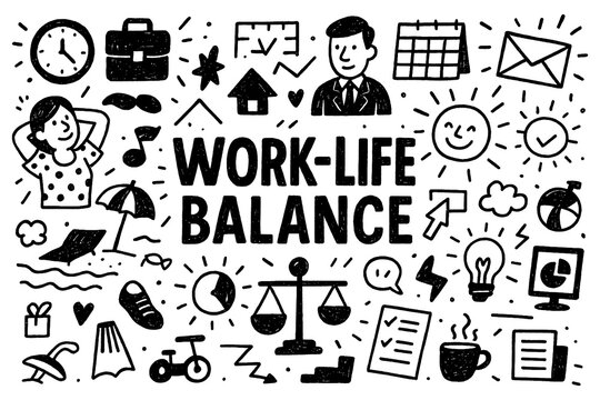 Work life balance concept with career, leisure, and wellbeing icons in black and white doodle style, Transparent Background