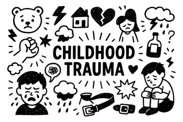 Childhood trauma concept with emotional pain, family conflict, and mental health symbols in black and white doodle style, Transparent Background