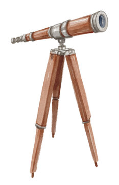 Hand painted watercolor old telescope isolated