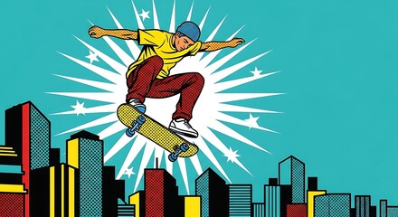 Pop art illustration of a male skateboarder performing an ollie trick over a stylized city skyline with a starburst background.