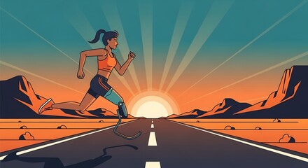 A determined woman with a prosthetic leg runs towards the setting sun on a desert road.