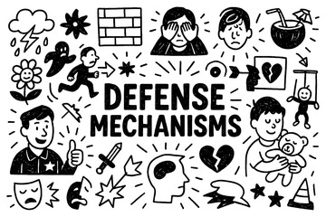Defense mechanisms psychology concept with emotional reactions and coping symbols in black and white doodle style, Transparent Background