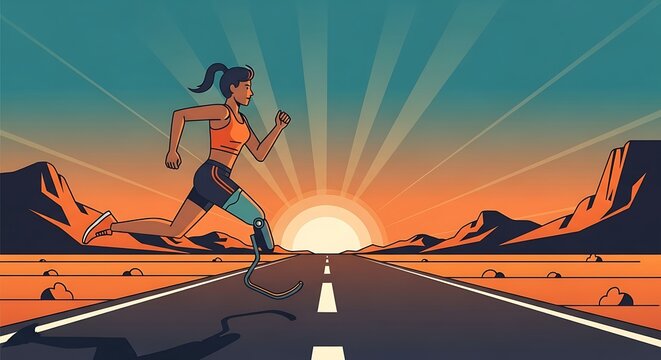 A determined woman with a prosthetic leg runs towards the setting sun on a desert road.