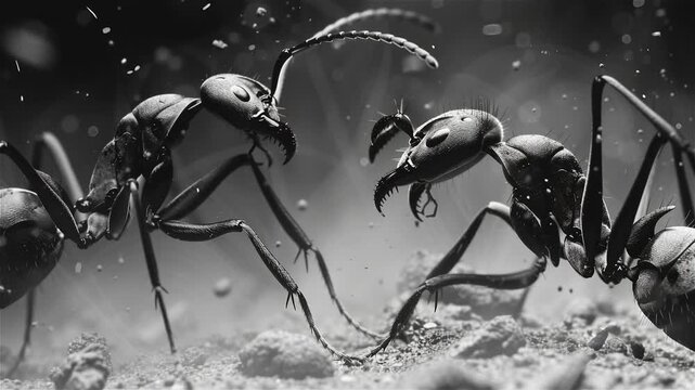 A monochrome macro shot of two ants facing each other, their mandibles nearly touching