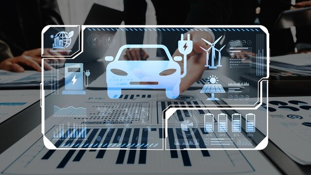 Professionals engage in data analysis of electric vehicle technology, showcasing renewable energy concepts and innovative strategies in a modern workspace. Raster