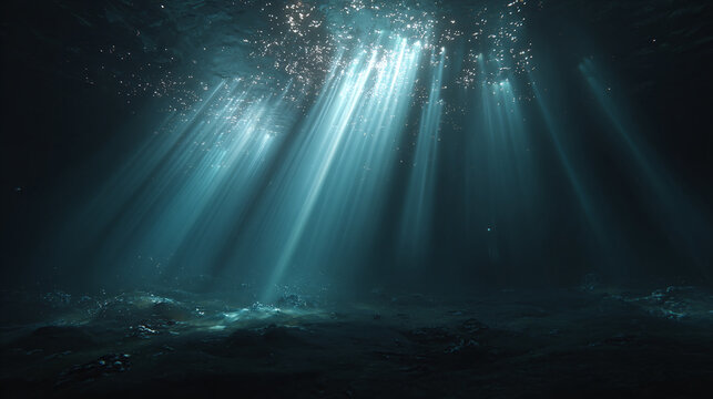Sunlight streams through the ocean depths, creating an ethereal and mysterious underwater scene. The play of light and shadow, dancing on the water's surface.