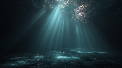 Mystical underwater scene with radiant light rays piercing the depths. A breathtaking view showcasing the sun's illumination through the ocean's surface.