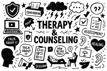 Therapy and counseling concept with mental health support, communication, and healing process icons in black and white doodle style, Transparent Background