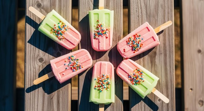 Summer Frozen Treats: A Colorful Arrangement Of Delightful Popsicles On Wooden Surface