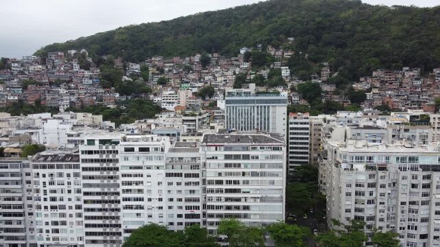 Aerial view of the Morro da Babilonia community, Leme beach, Rio de Janeiro, Brazil.