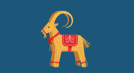 Illustration of a traditional Scandinavian Yule Goat, made of straw and decorated with red ribbons, on a blue background