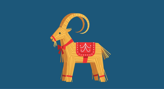 Illustration of a traditional Scandinavian Yule Goat, made of straw and decorated with red ribbons, on a blue background