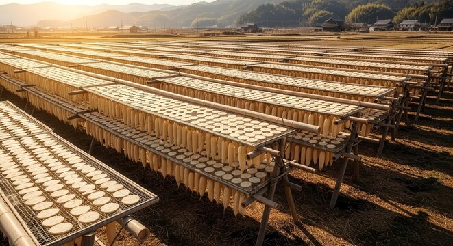 Sun-Drenched Asian Food Drying Racks: A Golden Harvest In A Serene Mountain Scenic