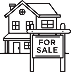 House with “For Sale” sign, real estate and property concept, minimalist line art, isolated on white background.