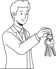 Man holding keys, real estate and property handover concept, minimalist line art, isolated on white background.