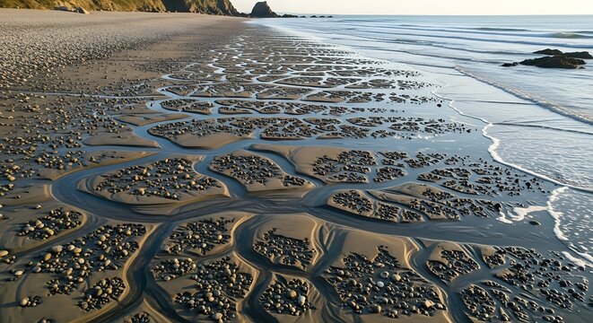 Tidal pools and ripples on a sandy beach at low tide