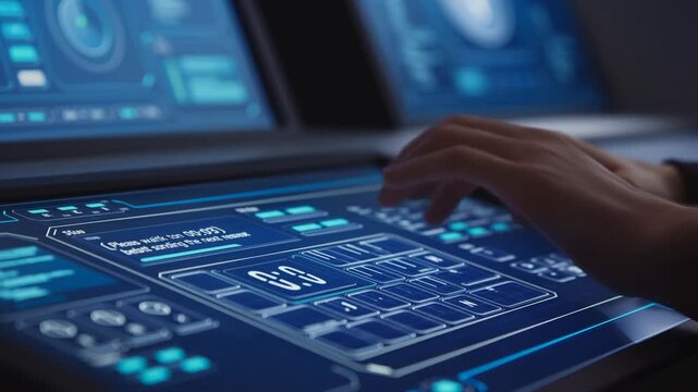 Futuristic User Interface Interaction: A Close-Up Look at Hands Using a High-Tech Touchscreen Control Device for Data Input in a Modern Control Room Setting.