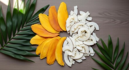 Obraz premium Sun-Kissed Mango Slices Paired With Coconut Flakes and Lush Green Palm Fronds
