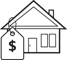 House with price tag $, real estate and property value concept, minimalist line art, isolated on white background.