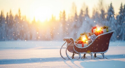 A sleigh full of glowing Christmas presents sits in a snowy landscape at sunset. The falling snow and warm light create a magical atmosphere, perfect for holiday greetings and festive designs.