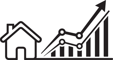 House with upward growth chart, real estate investment concept, minimalist line art, isolated on white background.
