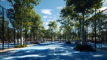 Outdoor sporting facility features vibrant blue court surrounded by lush green trees under a bright sky
