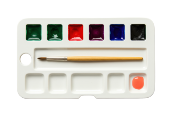 Isolated Artist's paint palette with paintbrush and vibrant watercolors paint set kit