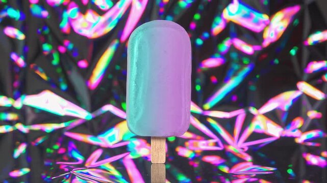 Neon iridescent popsicle with vibrant lights reflecting on colorful metallic background. concept of modern dessert art, whimsical food photography, playful design.