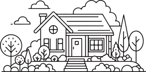 Cozy house with garden and trees, residential and home concept, minimalist line art, isolated on white background.