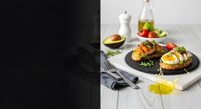 Delicious Avocado Toast Topped with Salmon and Eggs on a White Wood Table