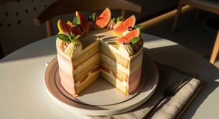 Stunning Fruitcake Dessert on a Table: Modern Presentation with a Delicious Slice