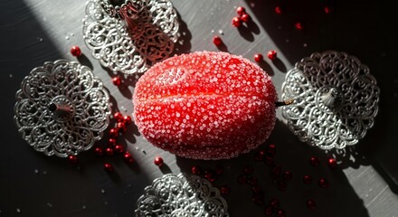 Stunning Image of Embellished Ornament with Red Garnish and Decorative Silver Designs