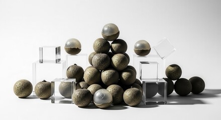 Stunning Image of Longan Fruits Arranged with Clear Geometric Cubes Against White
