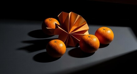 Stunning Light Play: Oranges, Paper Art, And Shadow Dance In A Captivating Still Life