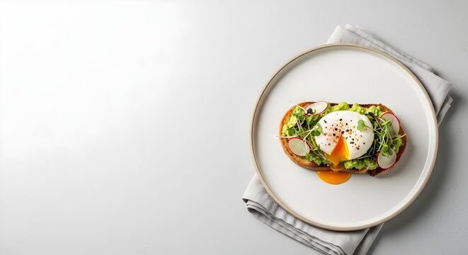 Delicious avocado toast with poached egg radish sprouts on a white plate and grey background