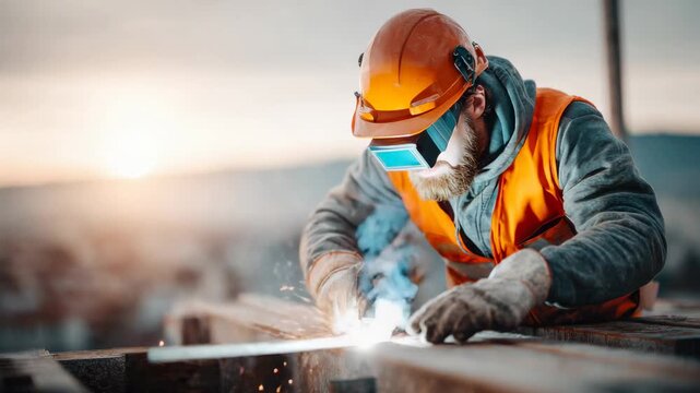 Worker engages in metalwork while wearing safety gear during sunset, showcasing skill and craftsmanship on construction site