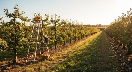 Stunning Orchard View Depicting Ripe Pears, Ladder, Wreath In Golden Hour Sunlight