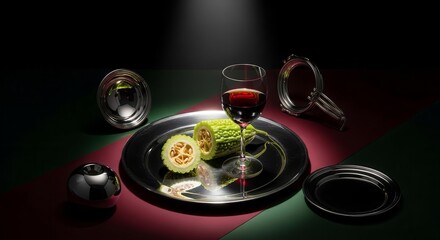 Stunning Still Life Composition Featuring Bitter Melon, Wine Glass, and Metallic Elements