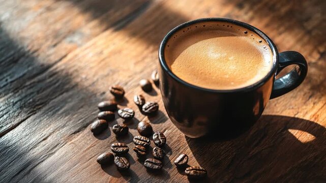 Enjoying a warm cup of coffee with roasted beans on wooden table in morning sunlight - Powered by Adobe