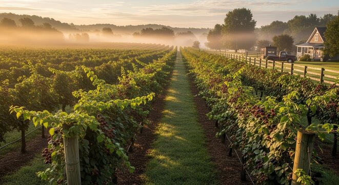 Stunning Vineyard View With Lush Grapes In Morning Light and Misty Background Landscape
