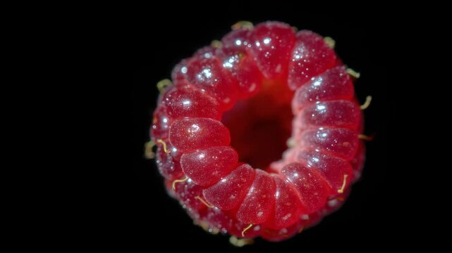 Close-up of a ripe raspberry showcasing its vibrant red color and intricate texture under bright lighting