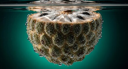 Submerged Custard Apple Section Surrounded By Bubbles Against A Moody Green Backdrop